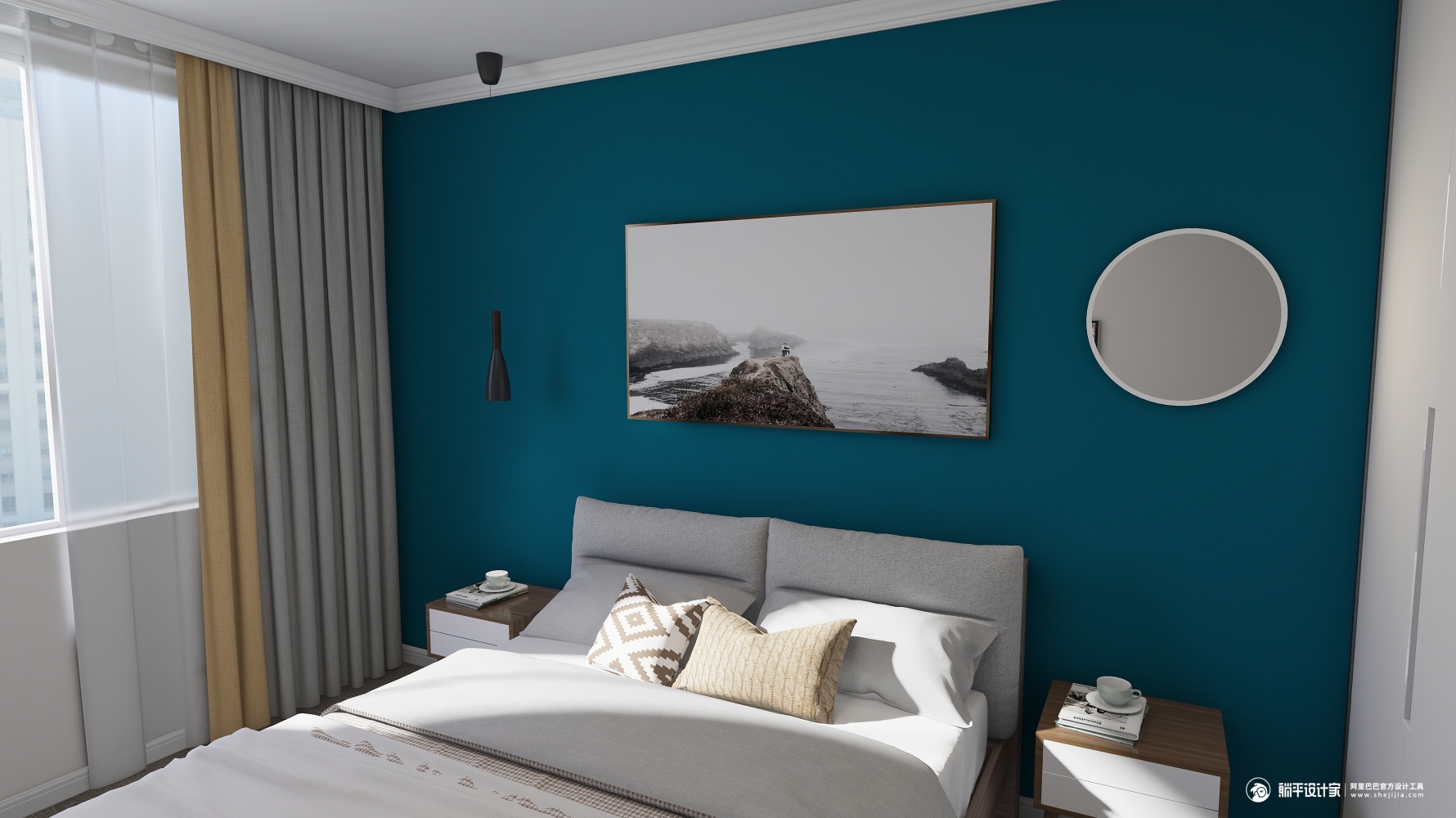 主卧 主卧室以孔雀蓝为背景配上简洁的装饰画,让整个空间更加的令人