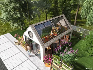greenhouse exterior design showcasing a glass structure with garden plants, designed in a modern style, enhancing outdoor gardening space using Homestyler's real-time 3D rendering feature.