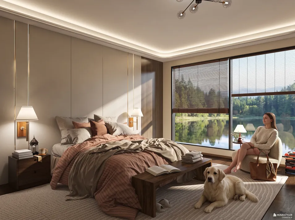 cozy bedroom design featuring a woman relaxing with a dog by a large window, showcasing modern minimalist style and natural light, includes Homestyler's real-time 3D rendering feature for effective design proposal visualization.
