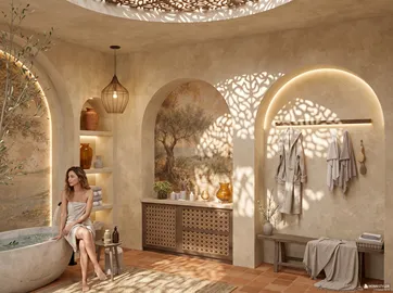 woman relaxing in a cozy bathroom with a natural aesthetic, featuring earth tones and soft lighting, showcasing modern interior design elements, utilizing Homestyler's real-time 3D rendering technology.