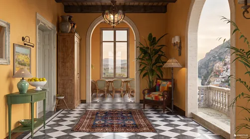 A beautifully designed hallway with decorative archways featuring a warm color palette and vintage furniture, showcasing an elegant interior décor style while optimizing space using Homestyler's real-time 3D rendering feature.