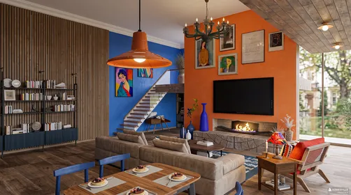 Stylish living room with a cozy sofa arrangement, featuring modern art and a warm color palette, showcasing 3D interior design using Homestyler's real-time rendering feature.
