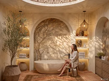 woman enjoying a moment in a serene bathroom design featuring an elegant bathtub, showcasing earthy tones, and sophisticated decor, highlighting the immersive 3D rendering capability of Homestyler.