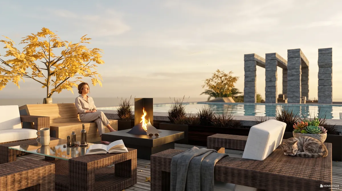 Diseño de fogata al aire libre otoñal cálido de Elena Turricchia con artesanías artísticas, chimenea y muebles de exterior