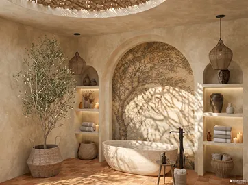 bathroom features a minimalist stone bathtub with natural decor, creating a serene atmosphere, showcasing interior design with Homestyler's real-time 3D rendering capability.