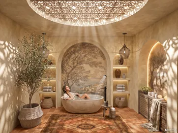 A tranquil bathroom featuring a comfortable bathtub and a stunning wall mural, designed to enhance relaxation in an earthy, rustic style; utilizing Homestyler's real-time 3D rendering for quick visualization.