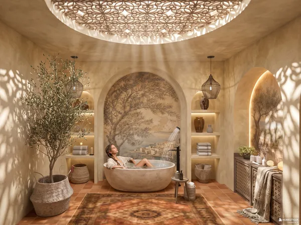 A tranquil bathroom featuring a comfortable bathtub and a stunning wall mural, designed to enhance relaxation in an earthy, rustic style; utilizing Homestyler's real-time 3D rendering for quick visualization.