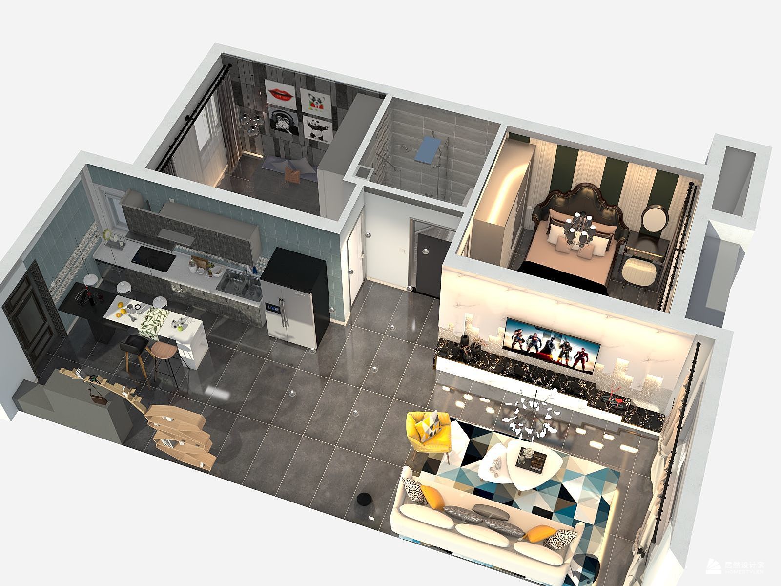 混搭风格两室两厅装修设计效果图