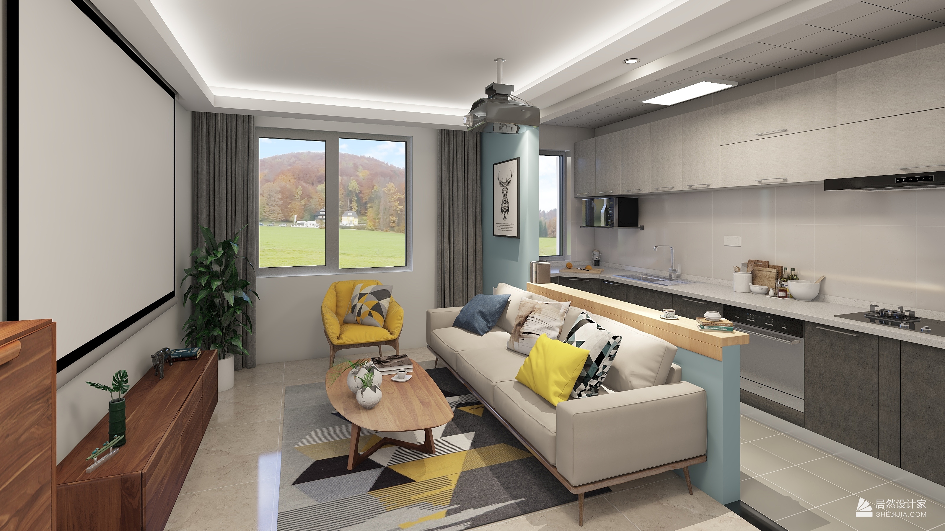 本作品是对2室1厅1卫户型设计的nordic风格装修效果图,户型面积61