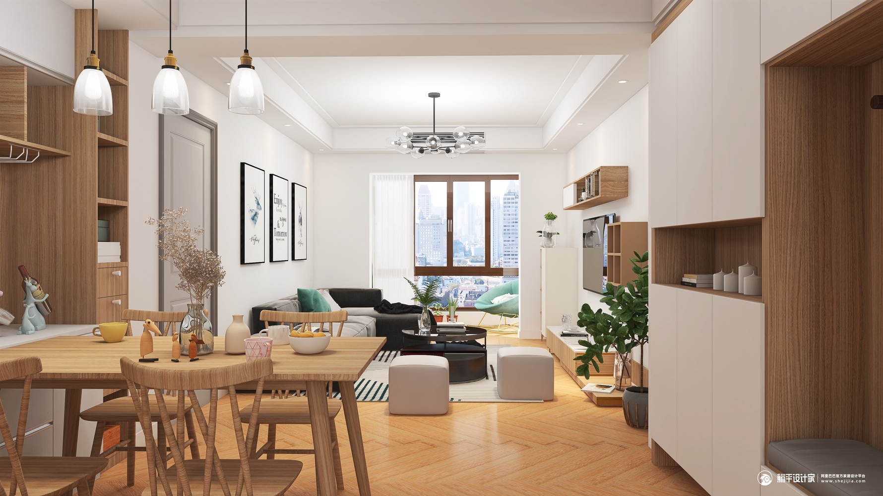 原木北欧 - 北欧风格三室两厅装修效果图 - 饼干设计效果图 - 躺平