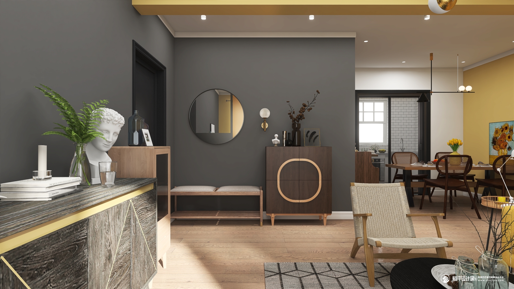 pantone2021靓丽黄&极致灰 - 现代风格两室一厅装修效果图 - 胖梨设计效果图 - 躺平设计家