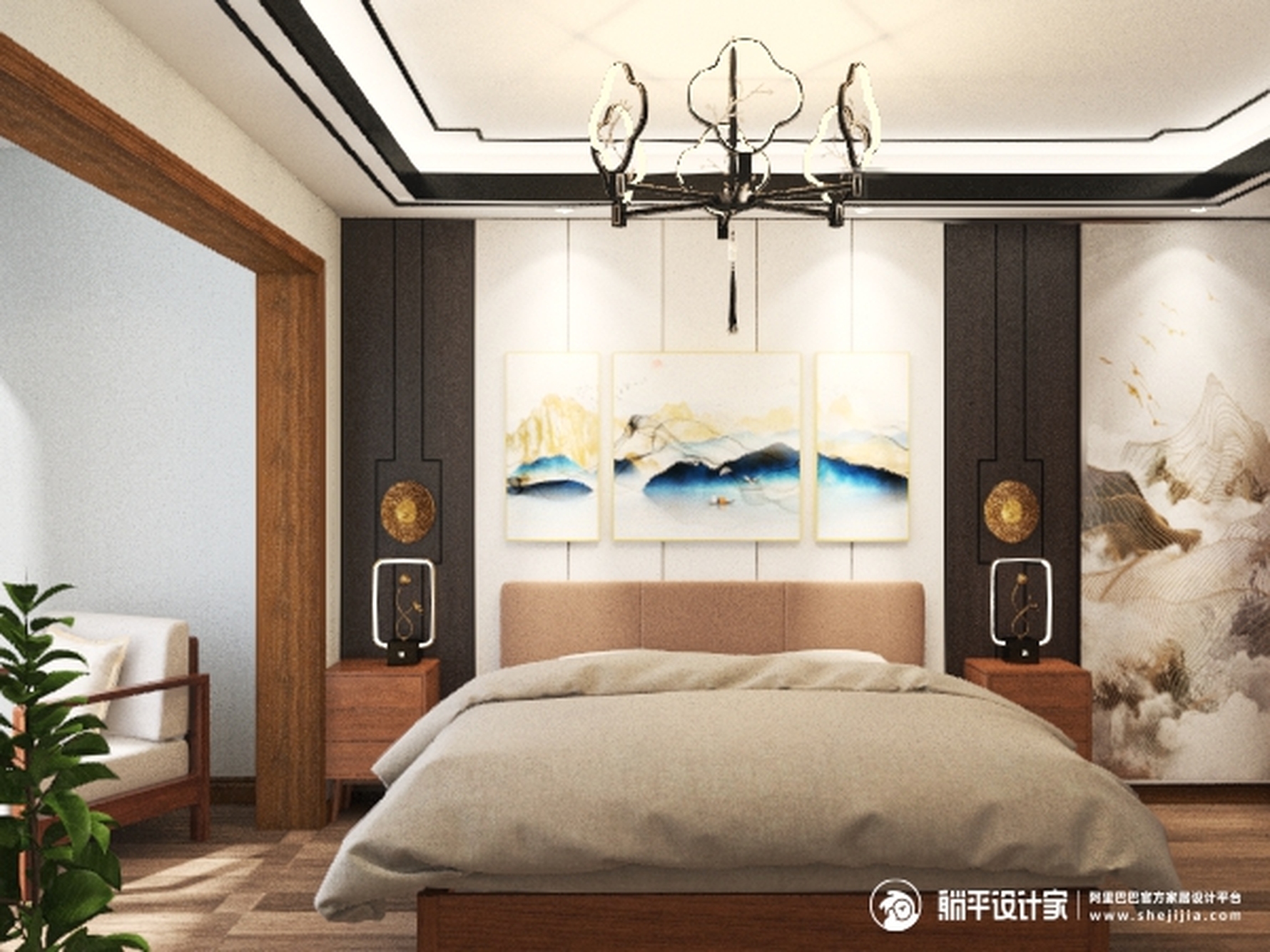 源氏木语-新中式 - 中式风格两室两厅装修效果图 - 设计师冯建荣设计效果图 - 躺平设计家