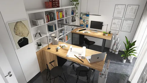 modern home office interior design featuring a spacious desk and shelving unit with a minimalist style, utilizing Homestyler's real-time 3D rendering for design proposal visualization.