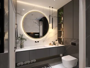 modern bathroom design featuring a stylish vanity with rounded mirror and ambient lighting, showcasing interior decor trends for efficient space use, utilizing Homestyler's real-time 3D rendering feature.