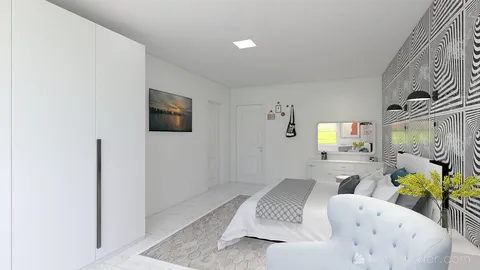modern bedroom interior featuring a stylish bed arrangement with textured wall design, focused on optimizing space efficiency using Homestyler's 3D rendering feature for realistic visualizations.