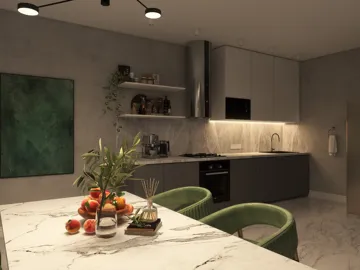 modern kitchen design showcasing a marble countertop with green accents and contemporary cabinetry, featuring a spacious dining area, highlighting Homestyler’s real-time 3D rendering capability.