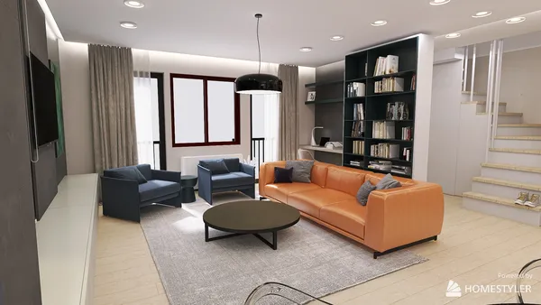 modern living room featuring a spacious orange sofa and stylish chairs arranged for comfort with a sleek coffee table, showcasing interior decor design, utilizing Homestyler's real-time 3D rendering for a quick visual preview of the layout.