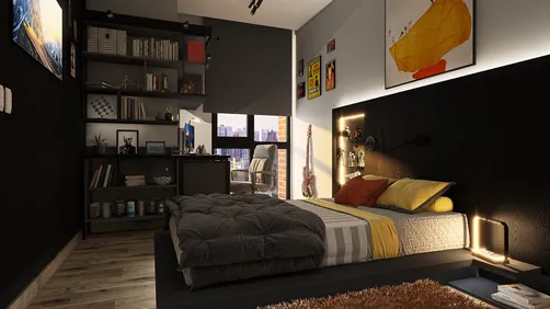 bedroom interior design showcasing a cozy setup with a modern touch, featuring a stylish bed and black accent wall, utilizing Homestyler's real-time 3D rendering for instant design visualization.