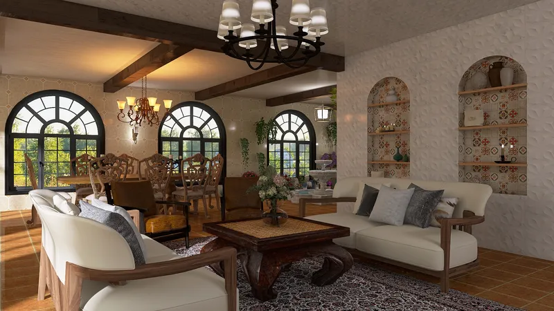 Mediterranean Open Interior by Wendy Callaway — white-and-cobalt kitchen flowing into tiled dining area with arched windows