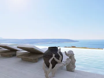 Infinity pool overlooking the ocean, showcasing a modern outdoor relaxation area with minimalist lounge chairs and sculptural decor, featuring smart furniture arrangement using Homestyler.