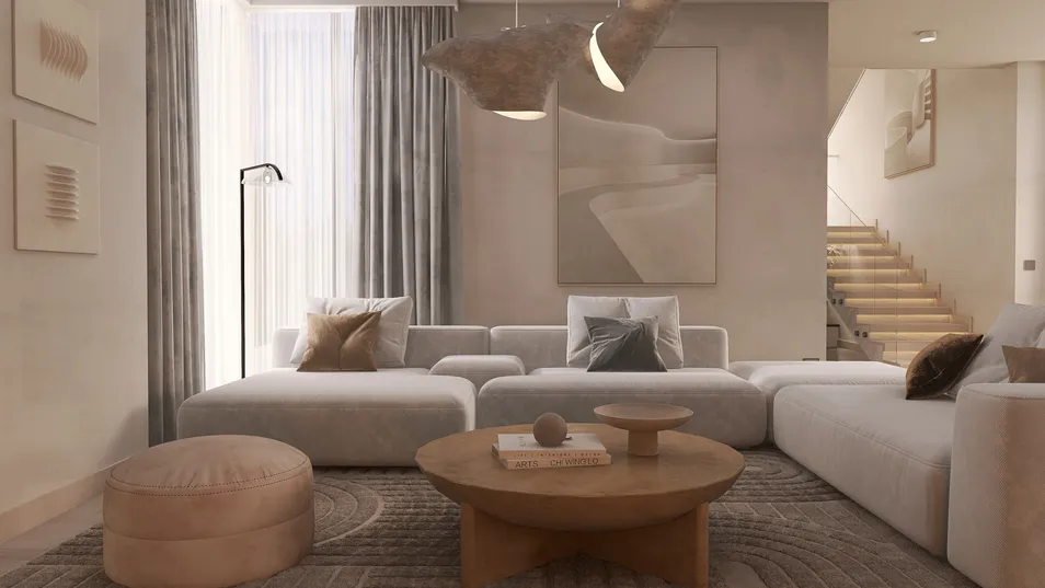 modern living room furniture arrangement featuring a cozy sofa and wood coffee table in a neutral color palette, showcasing interior decor with soft textiles and warm lighting, utilizing Homestyler's real-time 3D rendering feature for design visualization.