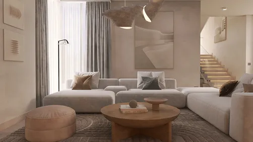 modern living room furniture arrangement featuring a cozy sofa and wood coffee table in a neutral color palette, showcasing interior decor with soft textiles and warm lighting, utilizing Homestyler's real-time 3D rendering feature for design visualization.