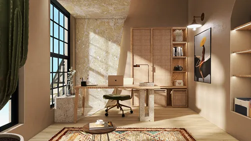 cozy home office workspace incorporating natural materials with a minimalist design, featuring a wooden desk and ergonomic chair, showcasing smart furniture arrangement with Homestyler's real-time 3D rendering capabilities.