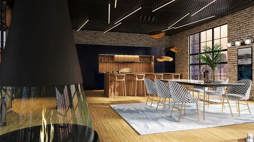 modern dining area with open layout featuring a wooden dining table and striped chairs, enhancing space with a cozy fireplace, designed using Homestyler for effective interior decor planning.