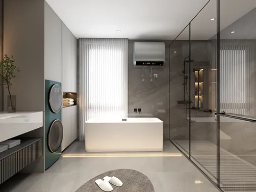 Modern bathroom featuring a freestanding bathtub with an elegant design, showcasing a minimalist style that enhances spatial value, utilizing Homestyler's real-time 3D rendering for a precise decor preview.