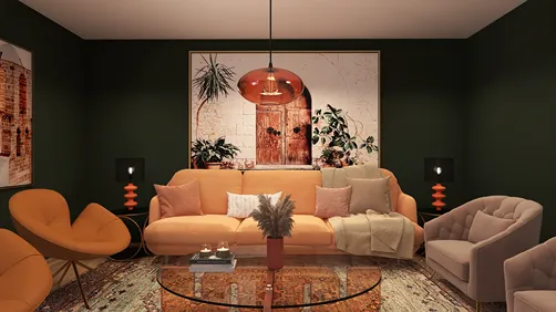 cozy living room featuring warm orange furniture and green walls, creating a welcoming ambience with unique decor elements, utilizing Homestyler's real-time 3D rendering feature for an immersive interior design experience.
