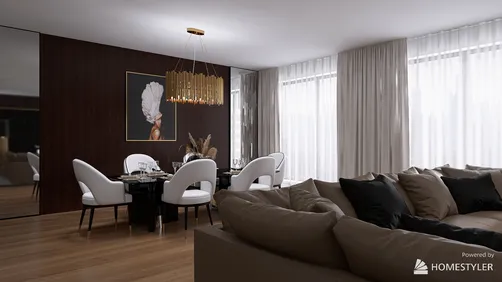 Modern dining area featuring elegant white chairs and a stylish round table, designed using Homestyler software to visualize interior decor concepts, enhancing the dining space experience.