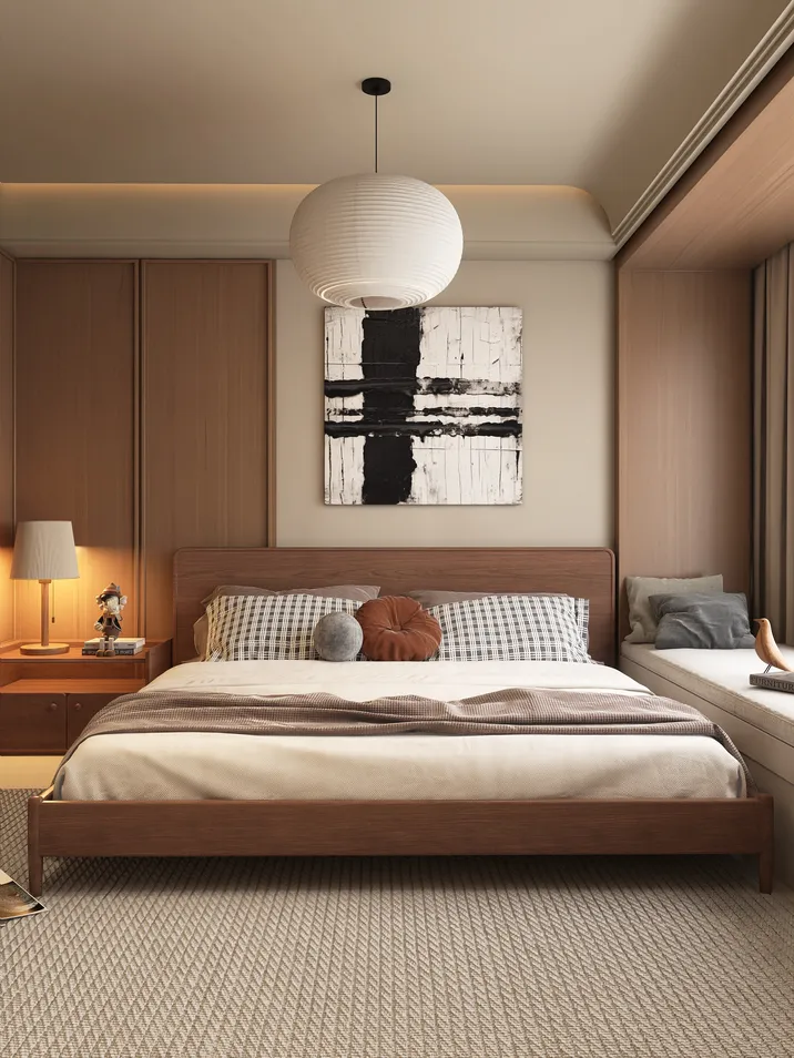 A modern bedroom featuring a wooden bed with decorative pillows and a cozy ambiance, showcasing interior design aesthetics with a focus on creating a relaxing space. Includes Homestyler's real-time 3D rendering feature for instant visual previews.