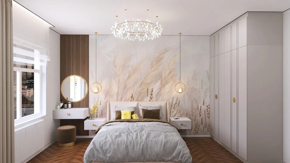 Cozy bedroom featuring elegant bedding and a stylish headboard complemented by a nature-inspired wall mural, designed using Homestyler's AR virtual furniture placement tool for accurate soft decor arrangement.