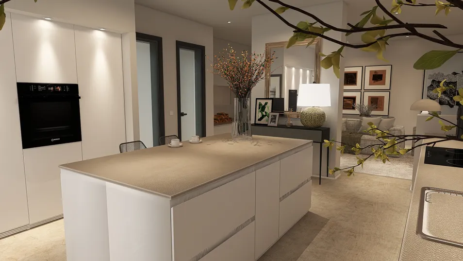 A modern kitchen featuring a sleek island with a minimalist design, showcasing a contemporary style and open-plan layout, illustrating the interior design concept with Homestyler's real-time 3D rendering functionality.