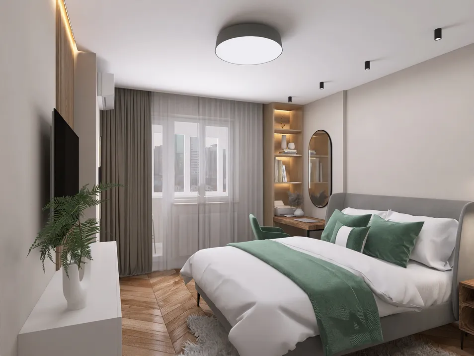 Modern bedroom design showcasing a cozy atmosphere with a stylish bed arrangement, featuring a neutral color palette and wooden accents, highlighting a comfortable living space, utilizing Homestyler's real-time 3D rendering to preview renovation effects.