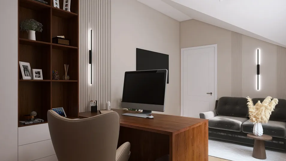 modern home office design with wooden desk and sleek computer, featuring a cozy lounge area, ideal for remote work and productivity using Homestyler's real-time 3D rendering feature.