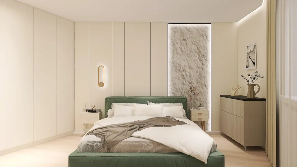 modern bedroom design featuring a green upholstered bed with a cozy blanket and neutral decor elements, utilizing Homestyler's real-time 3D rendering for effective design visualization.
