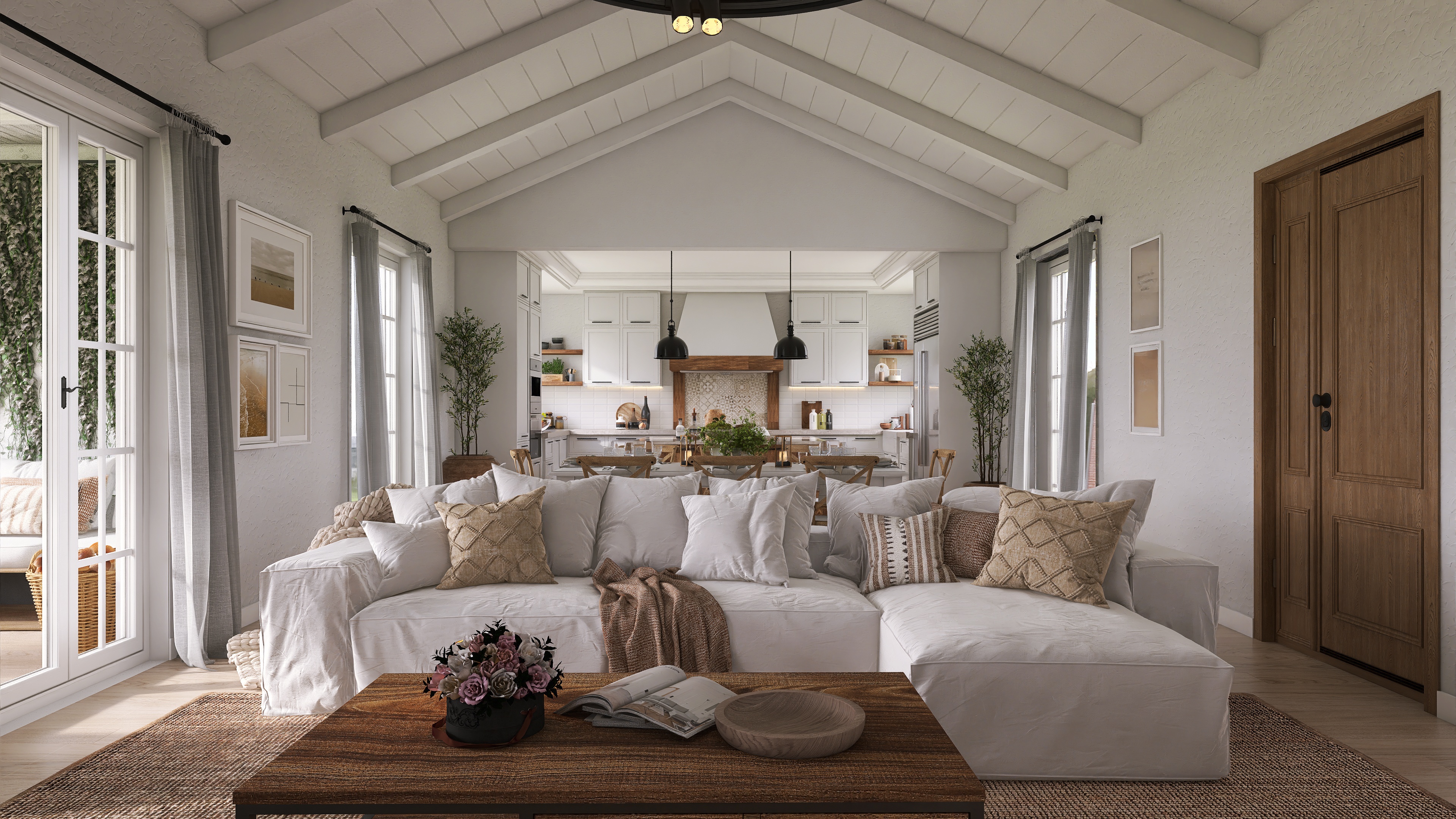 Cocina y sala casa de granja