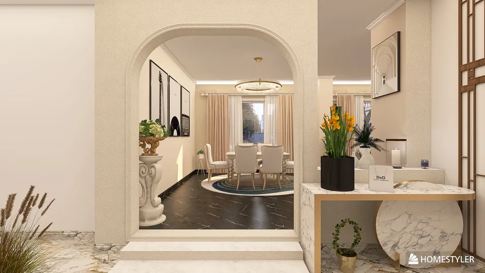 Elegant entryway featuring a stylish archway leading to a modern dining area, showcasing a contemporary design with a touch of luxury. This interior design emphasizes space optimization using Homestyler's real-time 3D rendering feature for quick visualization.
