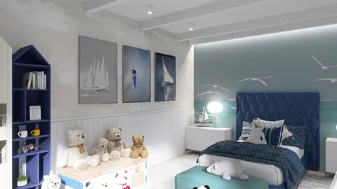 children's bedroom with teddy bears and blue accents featuring a relaxing design style that emphasizes space optimization using Homestyler's real-time 3D rendering capability.