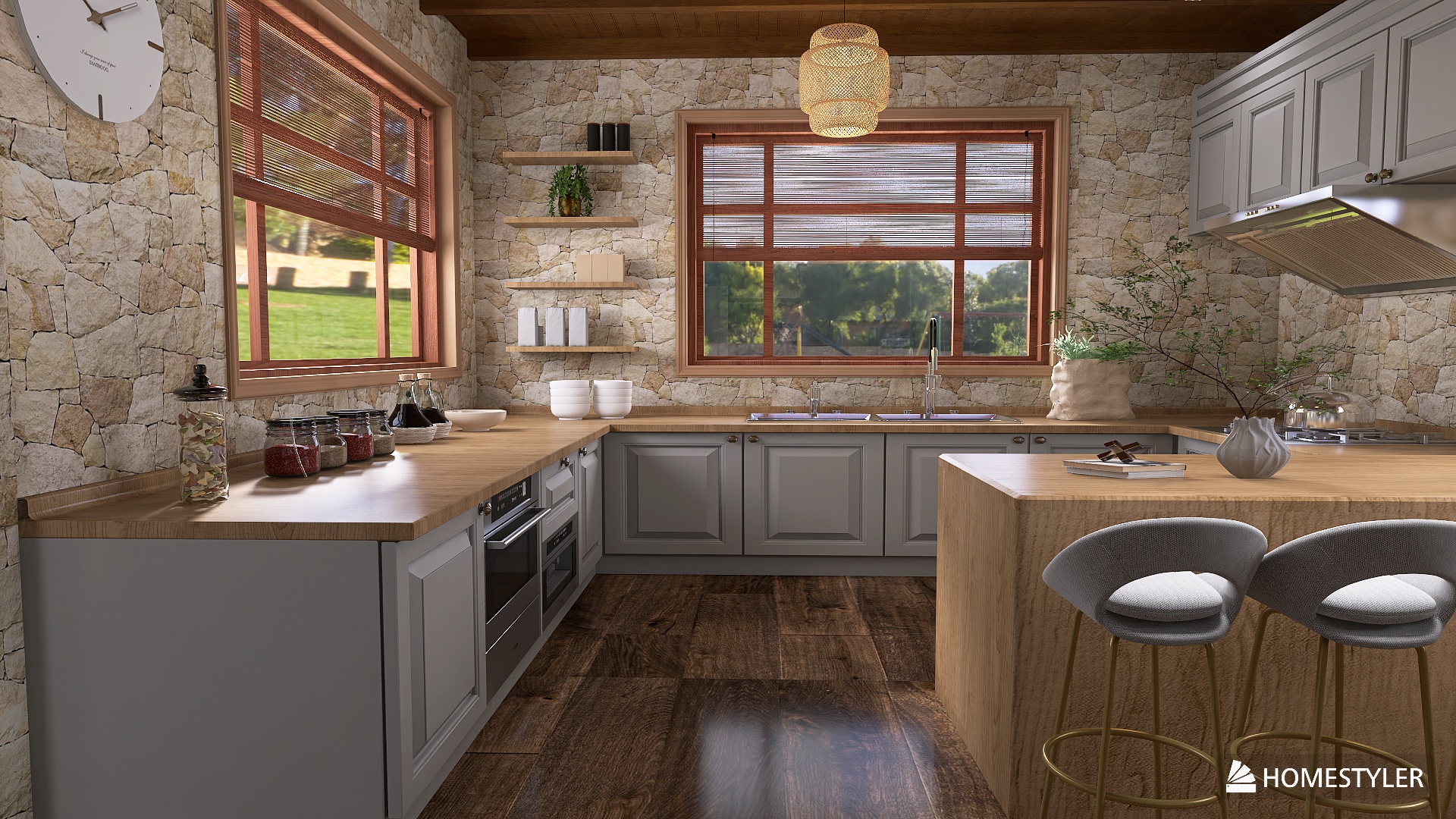 cuisine ;salle a manger et salon bois clair et gris