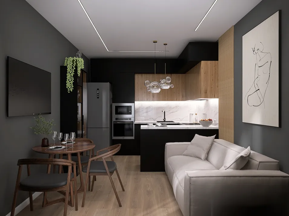 Modern kitchen interior featuring a sleek layout with an open dining area, showcasing an elegant minimalist style, optimized using Homestyler's real-time 3D rendering feature.