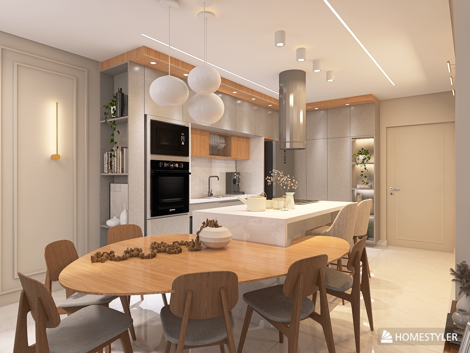 Sala integrada com jantar e cozinha