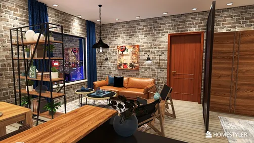 living .dining.kitchen in industrial rustic modern theme studio apartment