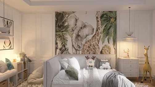 children's bedroom featuring animal-themed wall art and playful decor, designed using Homestyler's 3D rendering for a realistic preview, enhancing interior design creativity.