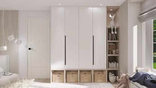 Modern wardrobe design with intelligent furniture arrangement in a cozy bedroom, showcasing space optimization for small living areas, utilizing Homestyler's real-time 3D rendering feature.