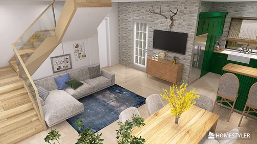 Nature living room with dining room and kitchen