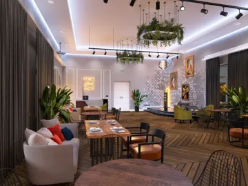 modern restaurant interior design featuring stylish seating arrangements and lush greenery, creating a cozy dining atmosphere, utilizing Homestyler's real-time 3D rendering for efficient design previews