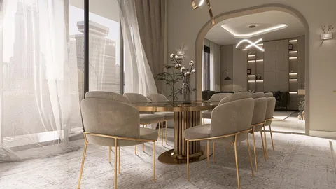 elegant dining room with plush chairs and a modern round table featuring a golden base, designed for contemporary interior decor, utilizing Homestyler's real-time 3D rendering for effective design presentation.