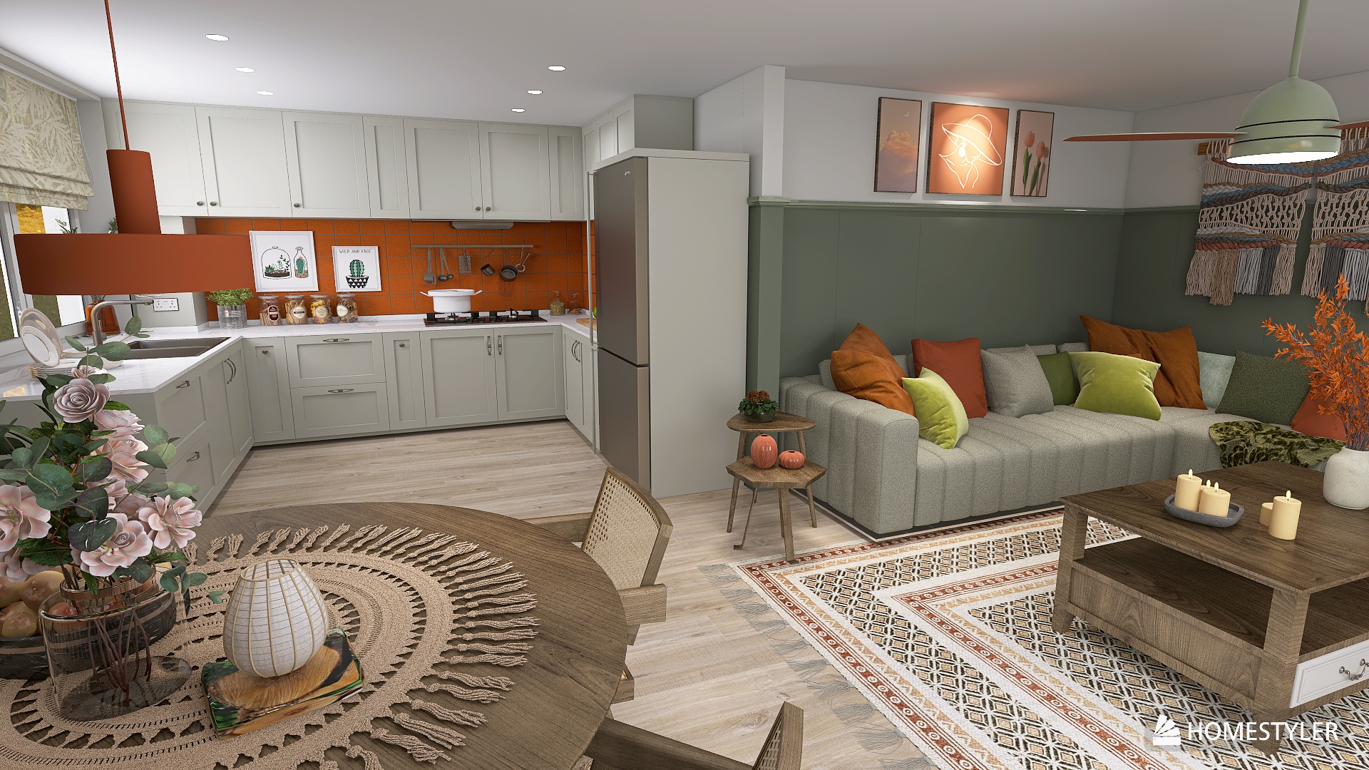 Earthy Boho L Shaped Kitchen Living